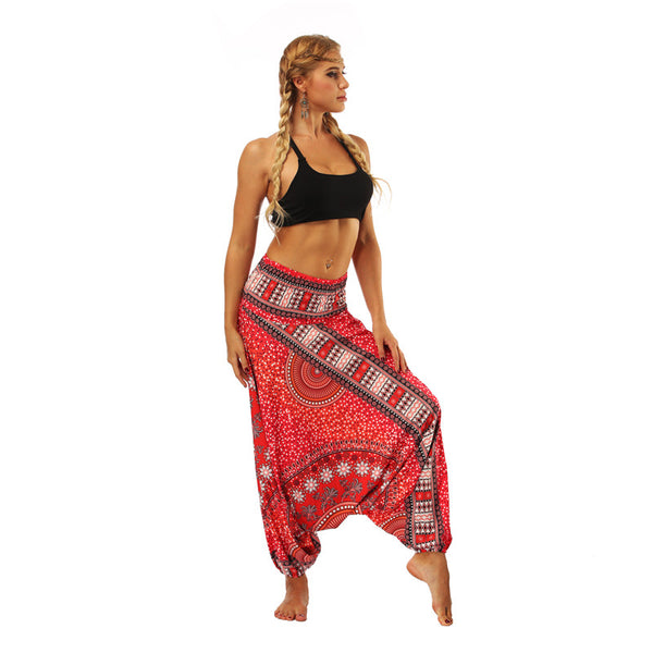 Women's Baggy Harem Pant - Red Belt Round Mandala Floral