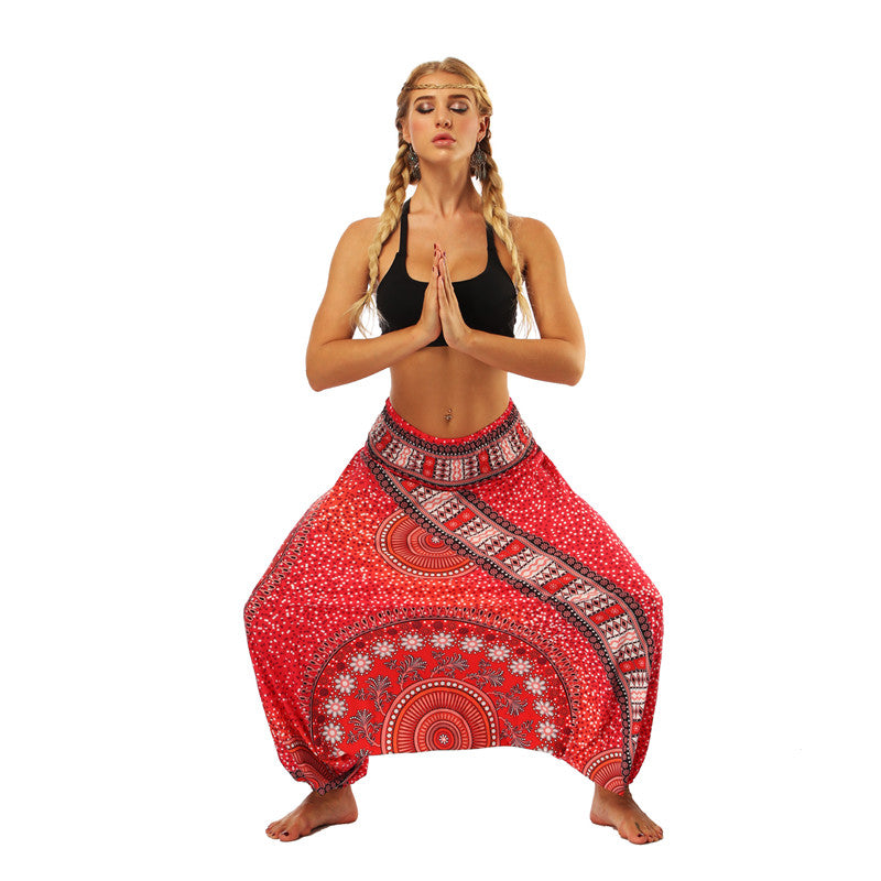 Women's Baggy Harem Pant - Red Belt Round Mandala Floral