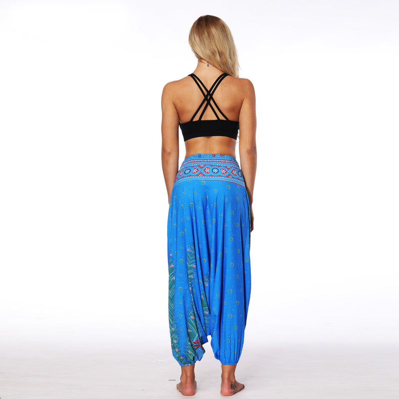 Women's Baggy Harem Pant - White Peacock Feather