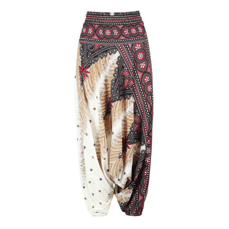 Women's Baggy Harem Pant - White Peacock Feather