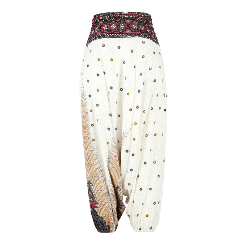 Women's Baggy Harem Pant - White Peacock Feather