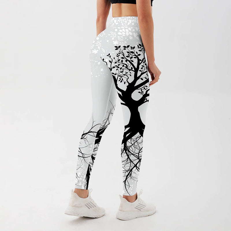 Black White Tree of Life High Waist Women's Yoga Legging