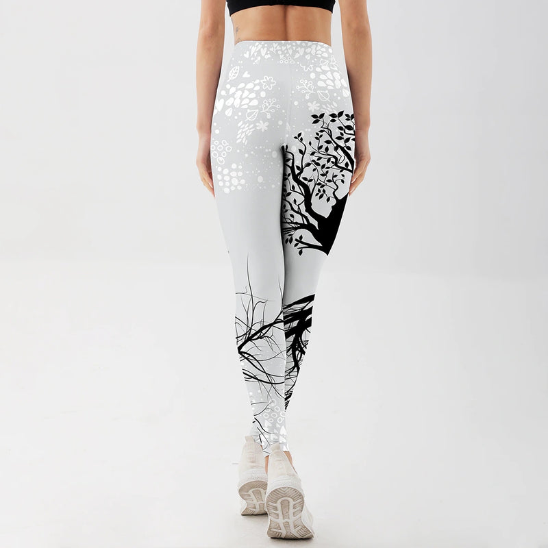 Black White Tree of Life High Waist Women's Yoga Legging