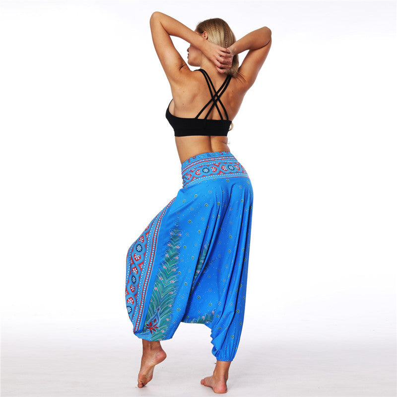 Women's Baggy Harem Pant - Shine Blue Tropical Feather
