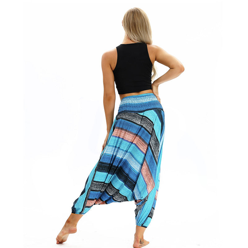 Women's Baggy Harem Pant - Color Stripes Black Red Blue