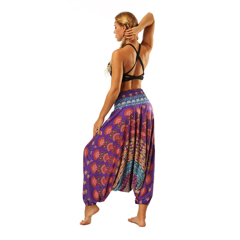 Women's Baggy Harem Pant - Dark Brown Tropical Feather