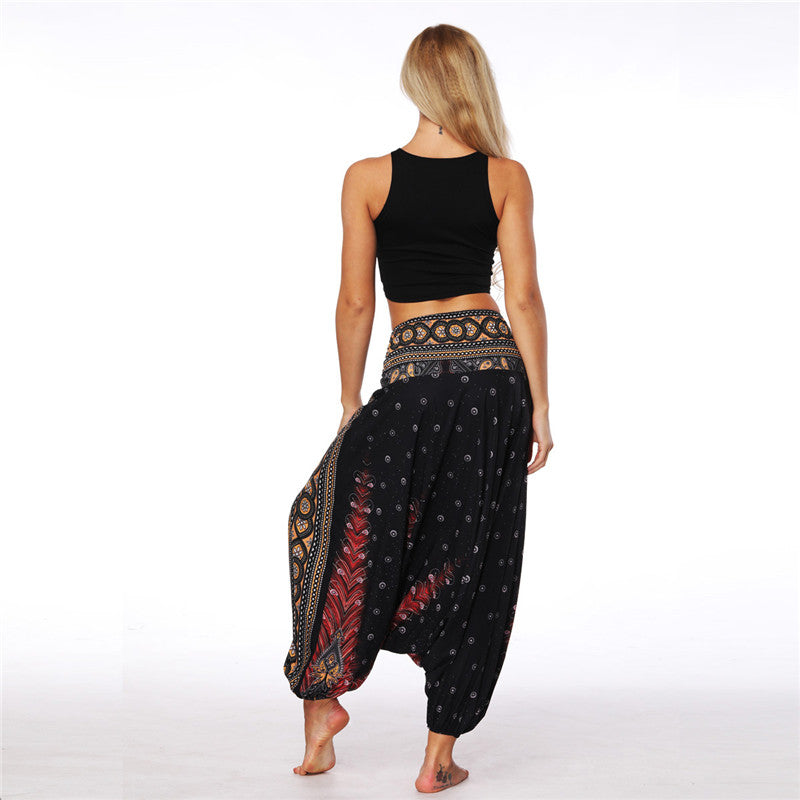 Women's Baggy Harem Pant - Dark Brown Tropical Feather