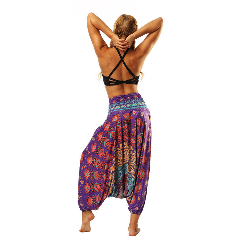 Women's Baggy Harem Pant - Shine Blue Tropical Feather