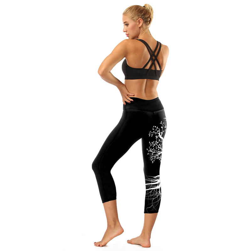 High Rise Black Tree of life Capris | A Small Pocket on Waistband