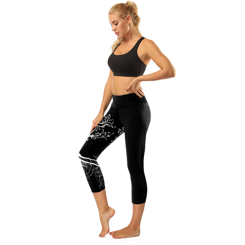 High Rise Black Tree of life Capris | A Small Pocket on Waistband