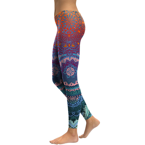 Women's Yoga Leggings - 3D Printed Orange/Green Mandala