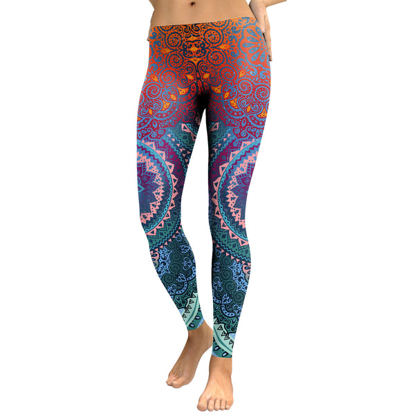 Women's Yoga Leggings - 3D Printed Orange/Green Mandala