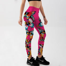 YogaHarem Women's Leggings Butterflies Printed Pink Workout Pant