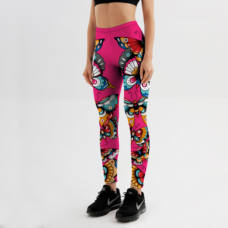 YogaHarem Women's Leggings Butterflies Printed Pink Workout Pant
