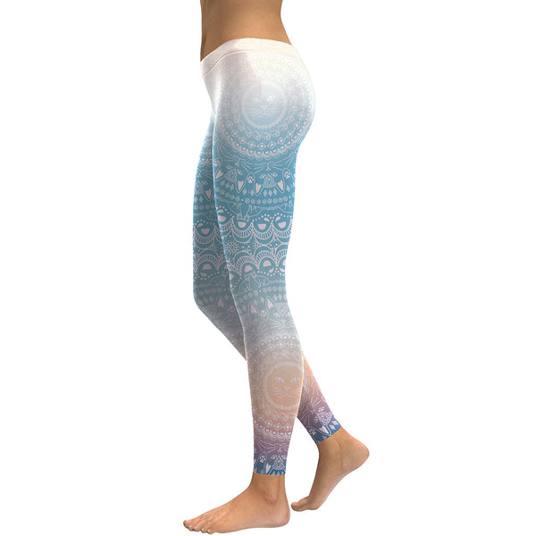 Women's Yoga Leggings - 3D Faded Blue Mandala
