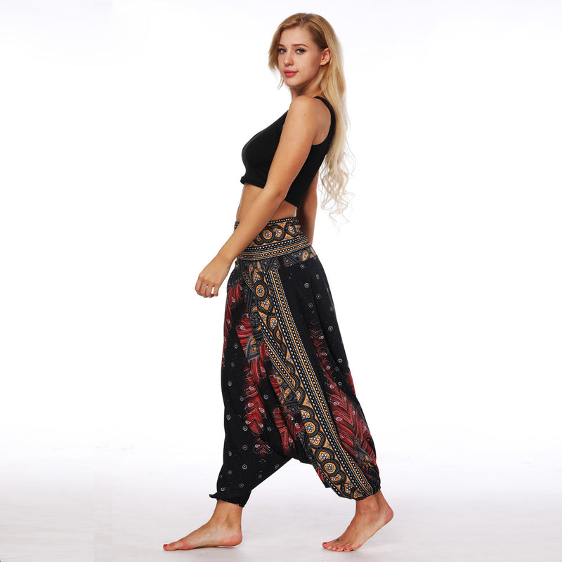 Women's Baggy Harem Pant - White Peacock Feather