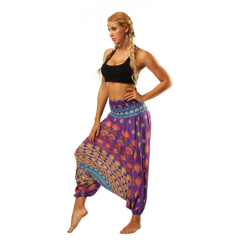 Women's Baggy Harem Pant - Dark Brown Tropical Feather