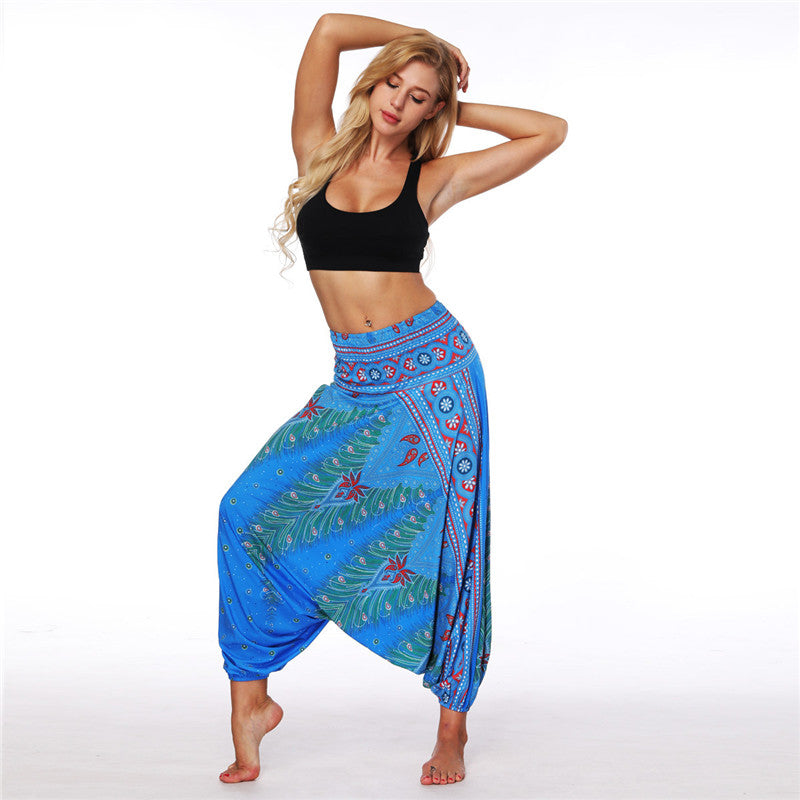 Women's Baggy Harem Pant - Dark Brown Tropical Feather