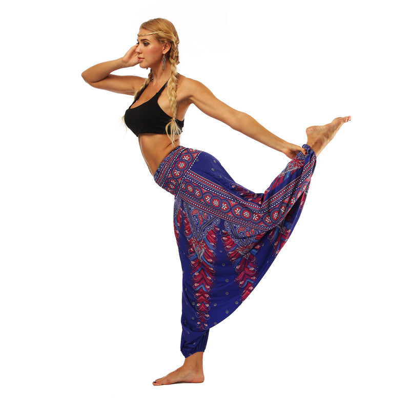 Women's Baggy Harem Pant - Shine Blue Tropical Feather