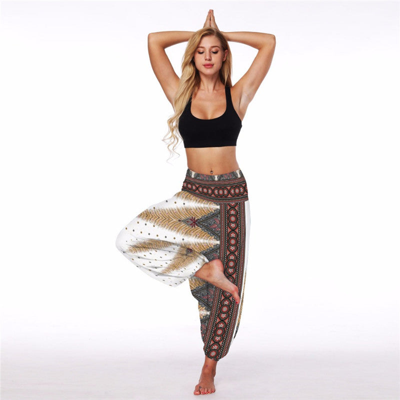 Women's Baggy Harem Pant - Dark Brown Tropical Feather