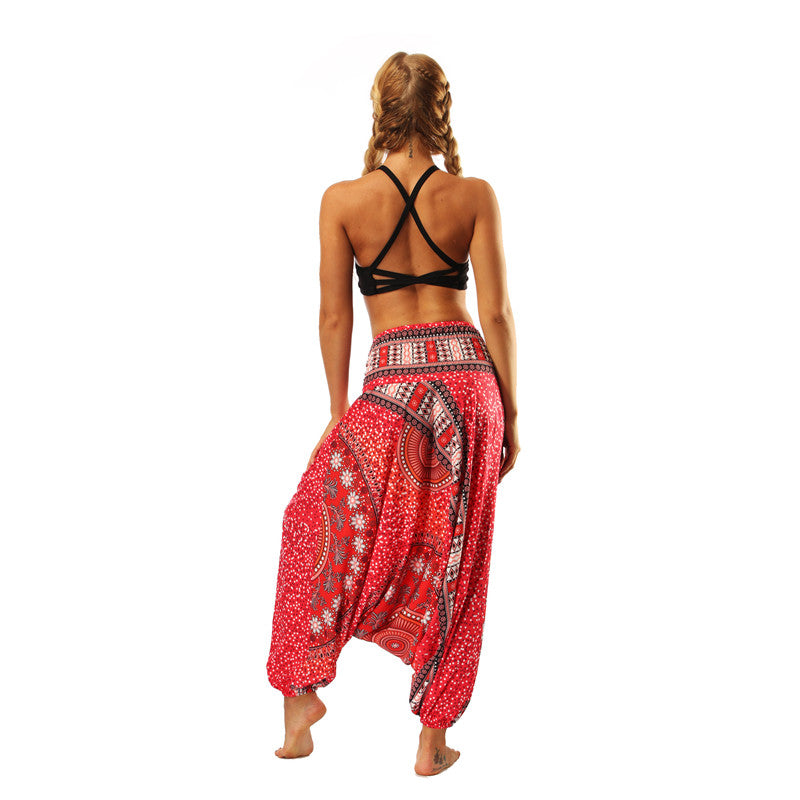 Women's Baggy Harem Pant - Red Belt Round Mandala Floral