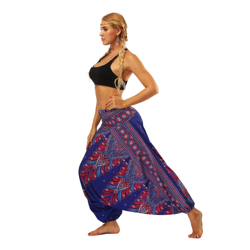 Women's Baggy Harem Pant - Shine Blue Tropical Feather