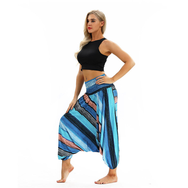 Women's Baggy Harem Pant - Color Stripes Black Red Blue