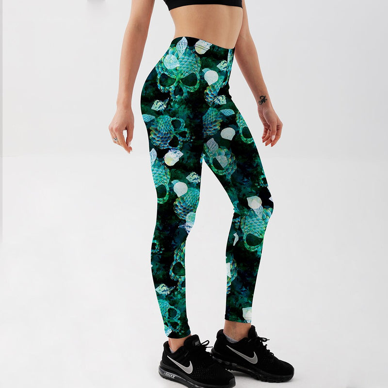 Women's Leggings Turquoise Skull Workout Fitness Pants