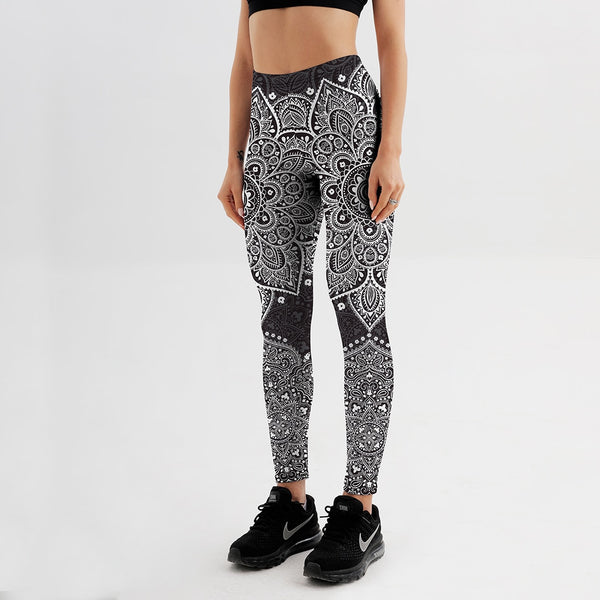 Women's Leggings White & Black Mandala Floral Printed Leggings