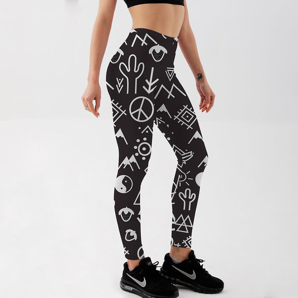 Women's Leggings Peace Symbol Printed Black White Workout Fitness Pant