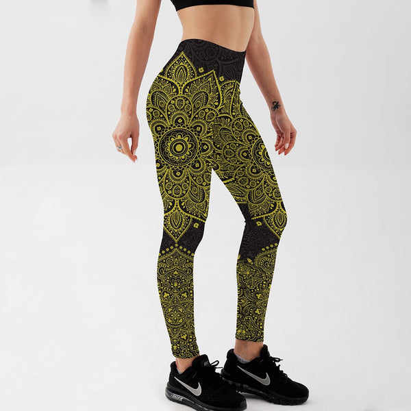 Women's Leggings Yellow Black Mandala Floral Printed Workout Fitness Activewear