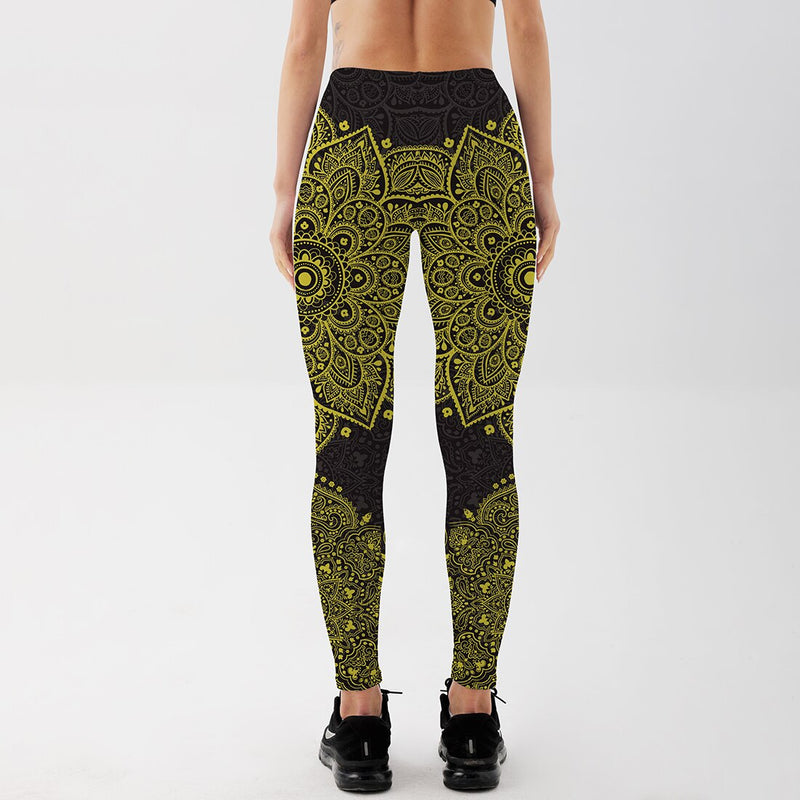 Women's Leggings Yellow Black Mandala Floral Printed Workout Fitness Activewear