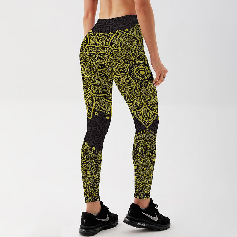 Women's Leggings Yellow Black Mandala Floral Printed Workout Fitness Activewear