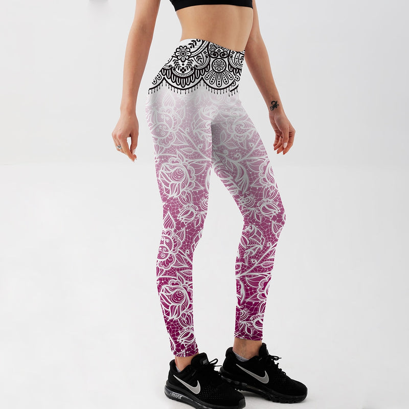 YogaHarem Women's Leggings Pink Lace Mandala Workout Fitness Outfit Gear