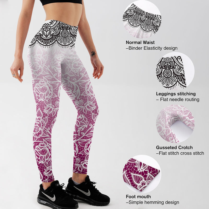 YogaHarem Women's Leggings Pink Lace Mandala Workout Fitness Outfit Gear