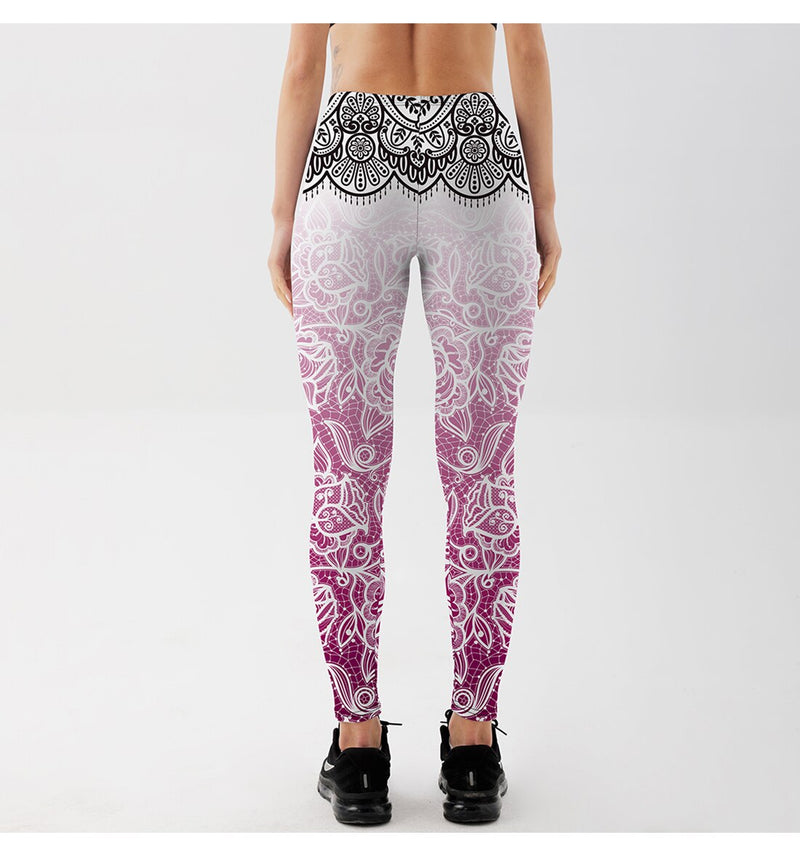 YogaHarem Women's Leggings Pink Lace Mandala Workout Fitness Outfit Gear