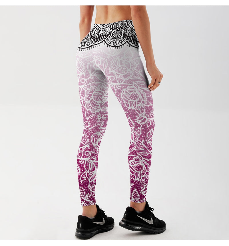 YogaHarem Women's Leggings Pink Lace Mandala Workout Fitness Outfit Gear