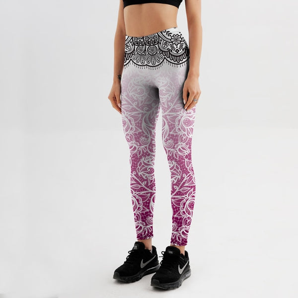 YogaHarem Women's Leggings Pink Lace Mandala Workout Fitness Outfit Gear