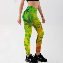 Women's Leggings Green Leaves Workout Fitness Pants