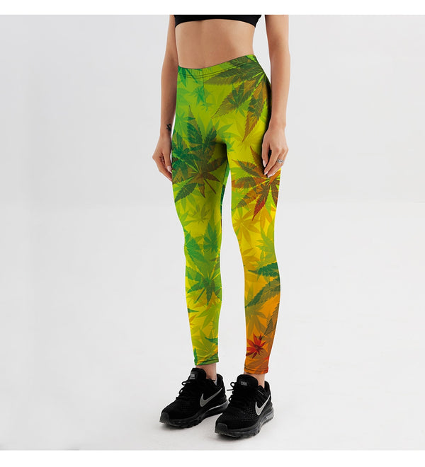 Women's Leggings Green Leaves Workout Fitness Pants